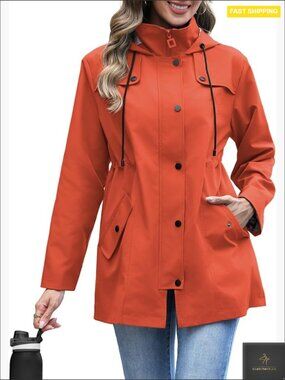 Waterproof Long Hooded Trench Coat Lined Windbreaker Jacket Classic Notch Collar